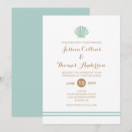 Shell Waterverf Aqua Wedding Invitation Card Kaart (Voorkant / Achterkant)
