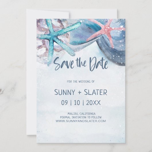 Shellabration Waterverf Strand Zeesterren Zee Sche Save The Date (Voorkant)
