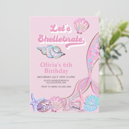 Shellebrate Seashell en zeemeermin Verjaardag Kaart (Staand voorkant)