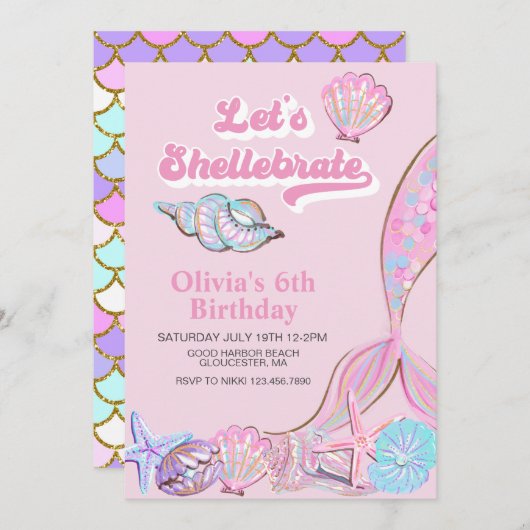 Shellebrate Seashell en zeemeermin Verjaardag Kaart (Voorkant / Achterkant)