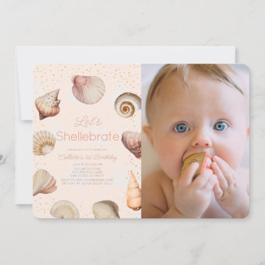 Shellebrate Seashell Realistische 1e Verjaardag Fo Kaart (Voorkant)