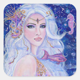 Shellina mermaid met zeepaard door Renee Lavoie Vierkante Sticker