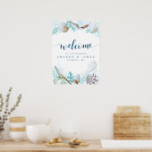 Shells and Calligraphy Blue Beach Wedding Welcome Poster (Keuken)