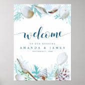 Shells and Calligraphy Blue Beach Wedding Welcome Poster (Voorkant)
