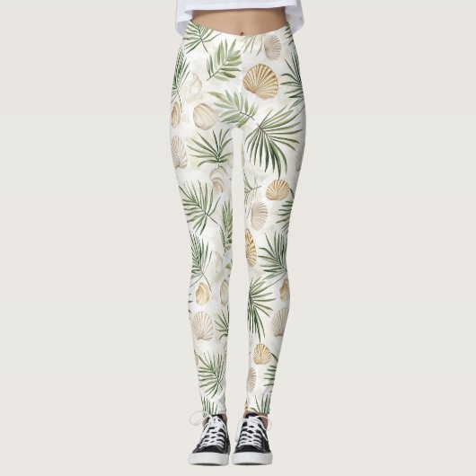 Shells Beach Green Palm Tree Leaves Leggings (Voorkant)