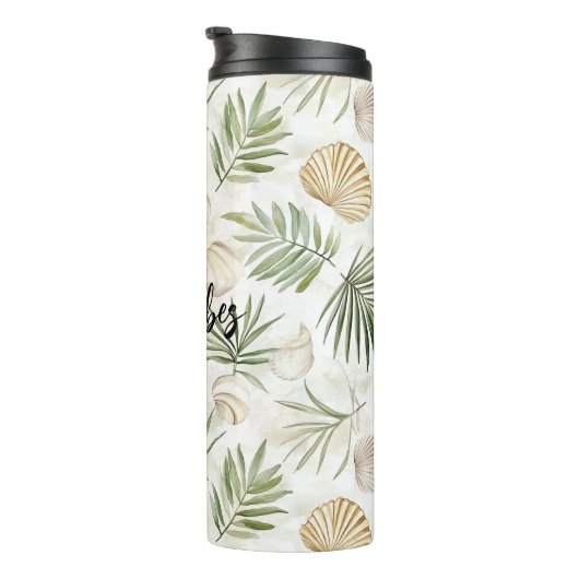 Shells Beach Green Palm Tree Leaves Thermosbeker (Geroteerd rechts)
