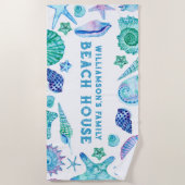 Shells en Starfish Family Beach House Waterverf Strandlaken (Voorkant)