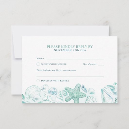 Shells hart kunst strand bruiloft waterverf aqua RSVP kaartje (Voorkant)