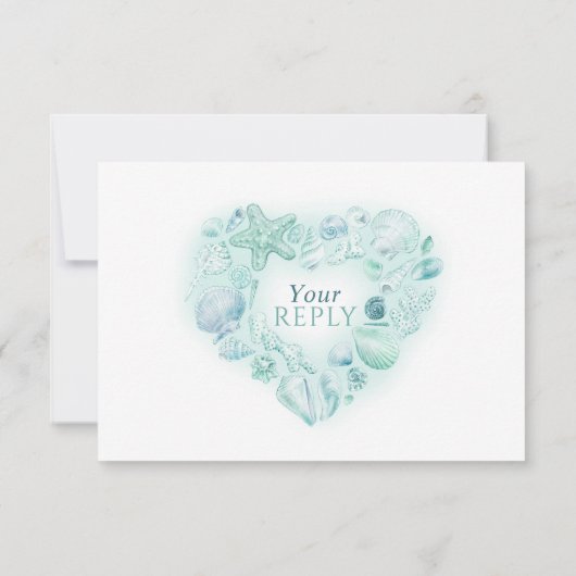 Shells hart kunst strand bruiloft waterverf aqua RSVP kaartje (Achterkant)