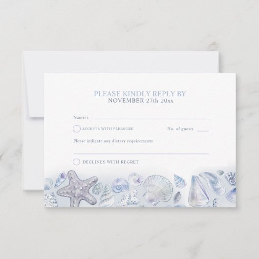 Shells hart kunst strand bruiloft waterverf blues RSVP kaartje (Voorkant)