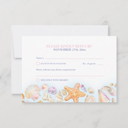 Shells hart kunst strand bruiloft waterverf RSVP kaartje (Voorkant)
