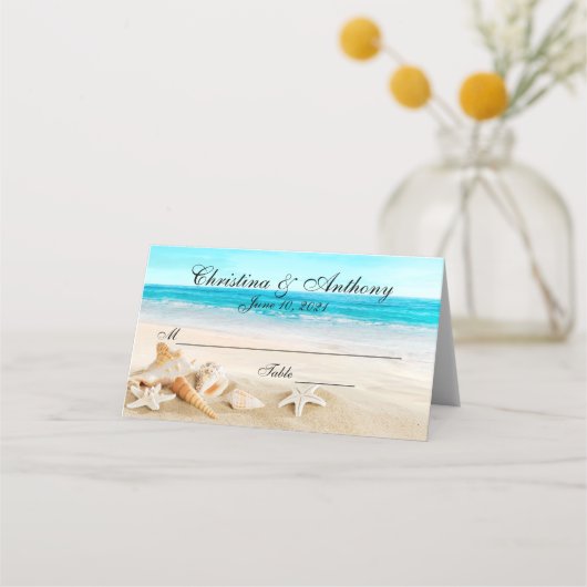 Shells on the Beach Wedding Receptie Place Card Plaatskaartje (Voorkant)
