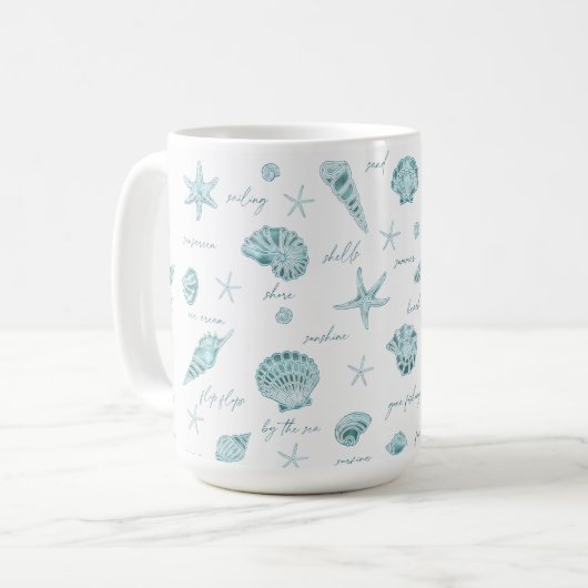 Shells Starfish Sun Fun Text Blauwgroen ID918 Koffiemok (Voorkant links)
