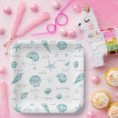 Shells Starfish Sun Fun Text Blauwgroen ID918 Papieren Bordje (Feest)