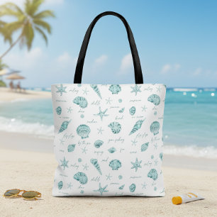 Shells Starfish Sun Fun Text Blauwgroen ID918 Tote Bag