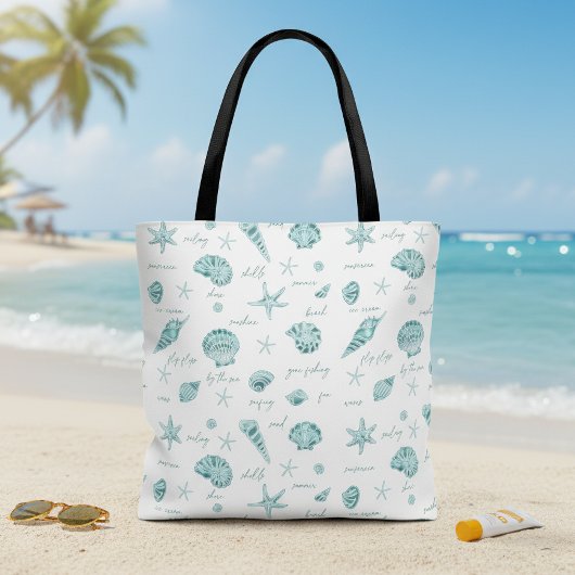 Shells Starfish Sun Fun Text Blauwgroen ID918 Tote Bag