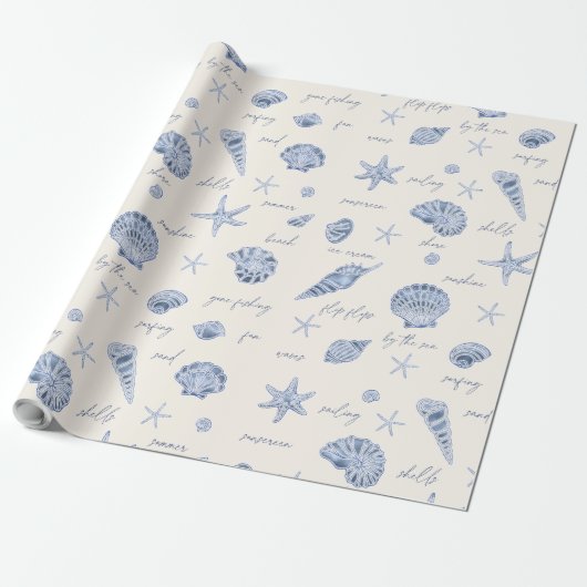 Shells Starfish Sun Fun Text Blue ID918 Cadeaupapier (Uitgerold)