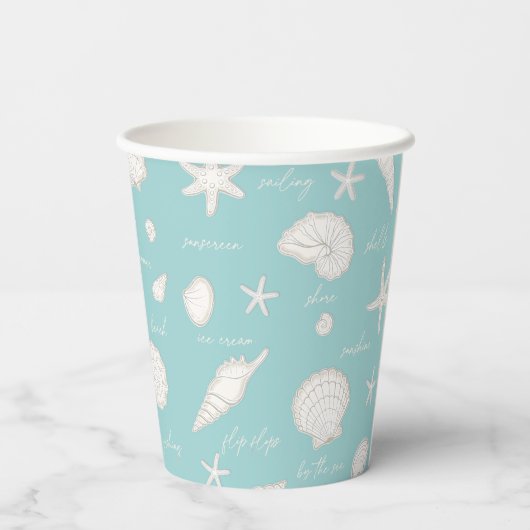 Shells Starfish Sun Fun Text Ivory ID918 Papieren Bekers (Achterkant)