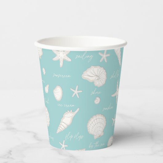 Shells Starfish Sun Fun Text Ivory ID918 Papieren Bekers (Voorkant)
