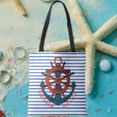 Shelter Island, NY Ship's Wheel and Anchor Striped Tote Bag