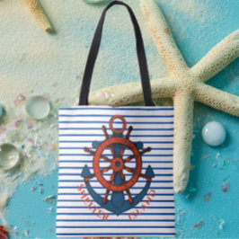 Shelter Island, NY Ship's Wheel and Anchor Striped Tote Bag