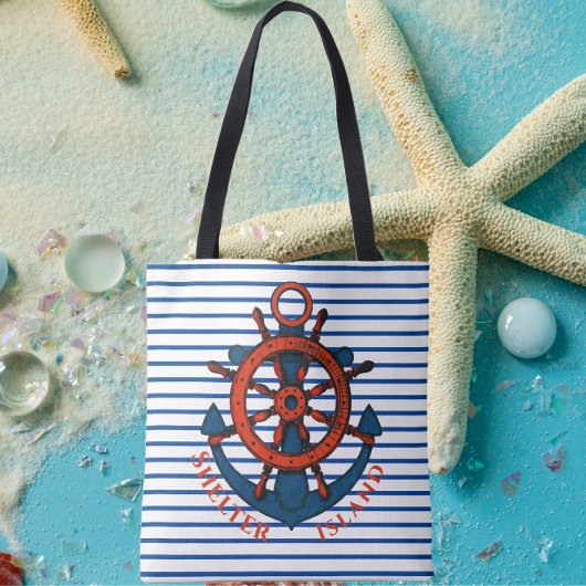 Shelter Island, NY Ship's Wheel and Anchor Striped Tote Bag