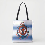Shelter Island, NY Ship's Wheel and Anchor Striped Tote Bag (Voorkant)