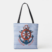 Shelter Island, NY Ship's Wheel and Anchor Striped Tote Bag (Achterkant)