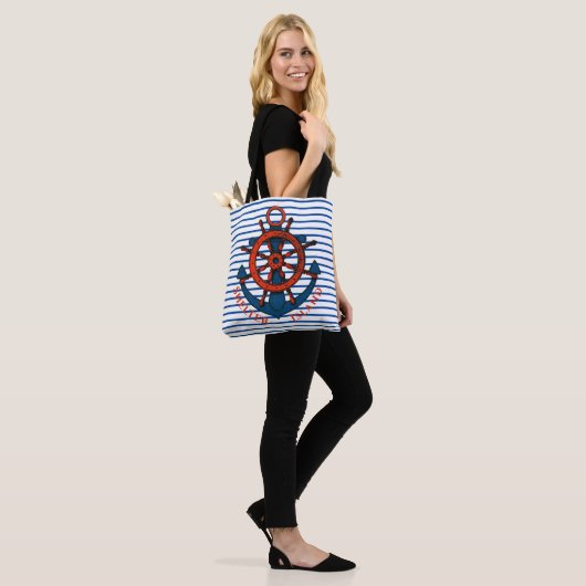 Shelter Island, NY Ship's Wheel and Anchor Striped Tote Bag (Op model)