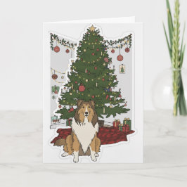 Sheltie bij de kerstboom kaart