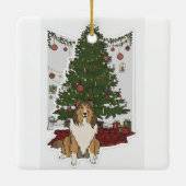 Sheltie bij kerstboom keramisch ornament (Achterkant)