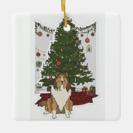 Sheltie bij kerstboom keramisch ornament