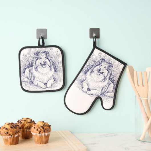 Sheltie & Bloemen Schets Ovenwant & Pannenlap Set (Insitu(Ophanging))