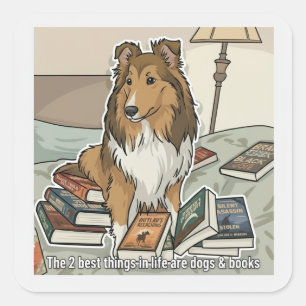 Sheltie & boeken vierkante sticker