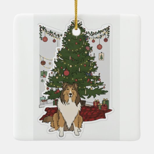 Sheltie by Christmas tree Keramisch Ornament (Achterkant)