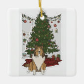 Sheltie by Christmas tree Keramisch Ornament (Voorkant)