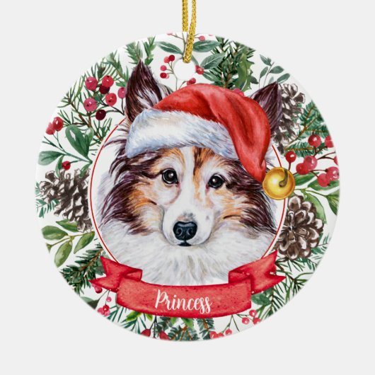 Sheltie Dog Aangepast kerstkerstkerstkerstfeest Keramisch Ornament (Voorkant)