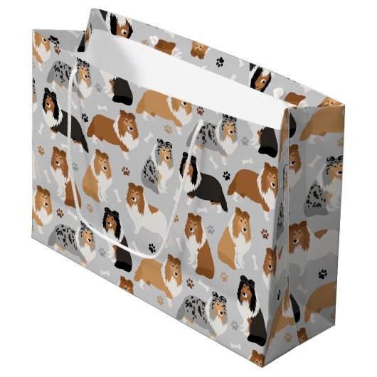Sheltie Dog Bones and Paws Large Gift Bag Groot Cadeauzakje (Voorkant Gekanteld)