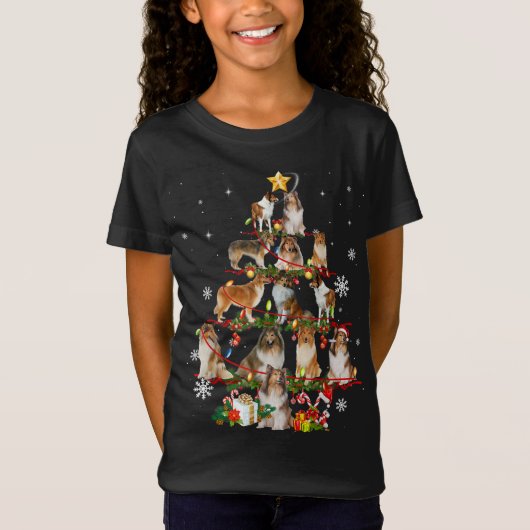 Sheltie Dog kerstboomverlichting Funny Dog Xmas G T-shirt (Voorkant)