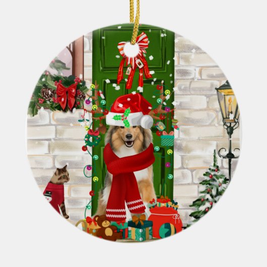Sheltie Dog Kerstmis Keramisch Ornament (Voorkant)