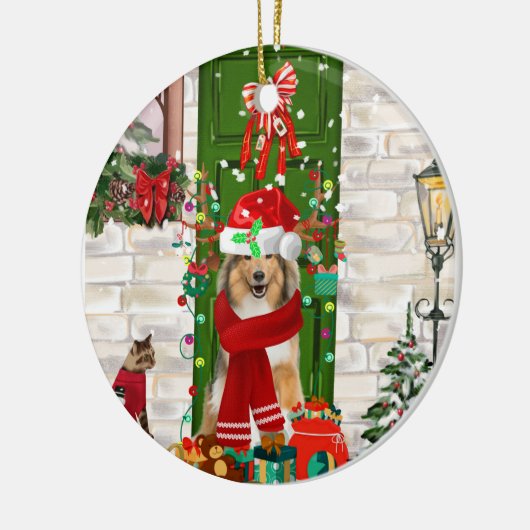 Sheltie Dog Kerstmis Keramisch Ornament (Links)