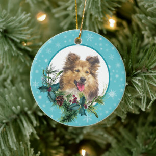 Sheltie Dog Snowflake Blue Lijst Holiday Bouquet Keramisch Ornament