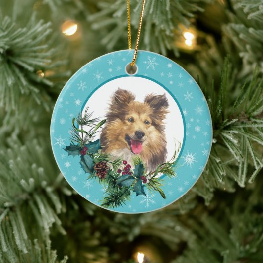 Sheltie Dog Snowflake Blue Lijst Holiday Bouquet Keramisch Ornament (Boom)