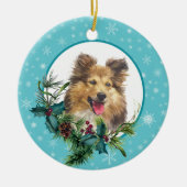 Sheltie Dog Snowflake Blue Lijst Holiday Bouquet Keramisch Ornament (Voorkant)