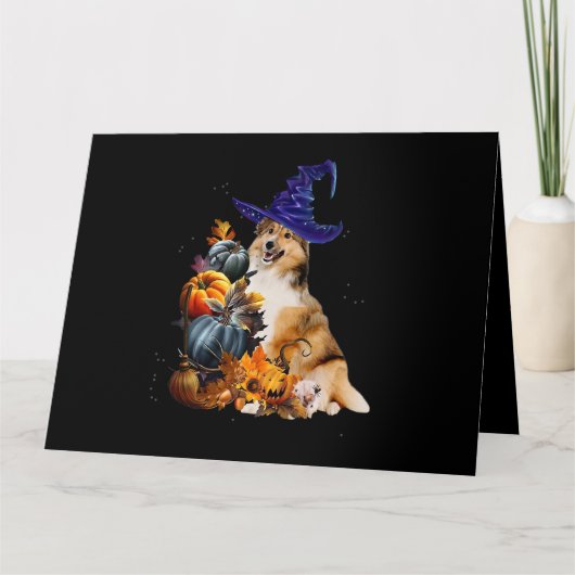 Sheltie Dog Witch And Pumpkins Halloween Thanksgiv Kaart (Voorkant)