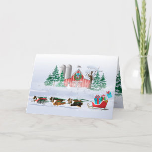 Sheltie Dogs Brown, Black and Grey, Pulling Sleigh Feestdagen Kaart