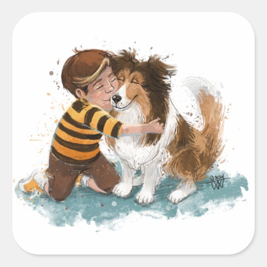 Sheltie en Boy Dog Knuffel Vierkante Sticker (Voorkant)