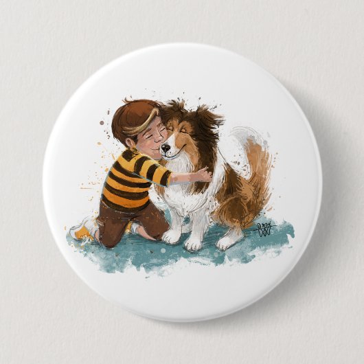 Sheltie en jongenshond knuffelen ronde button 7,6 cm (Voorkant)