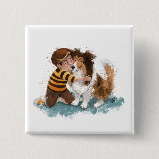 Sheltie en jongenshond knuffelen vierkante button 5,1 cm (Voorkant)