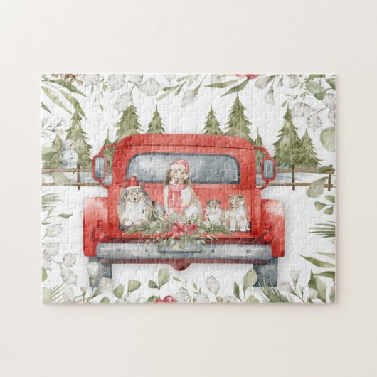 Sheltie Family in Red Truck Kerstmis Legpuzzel (Horizontaal)